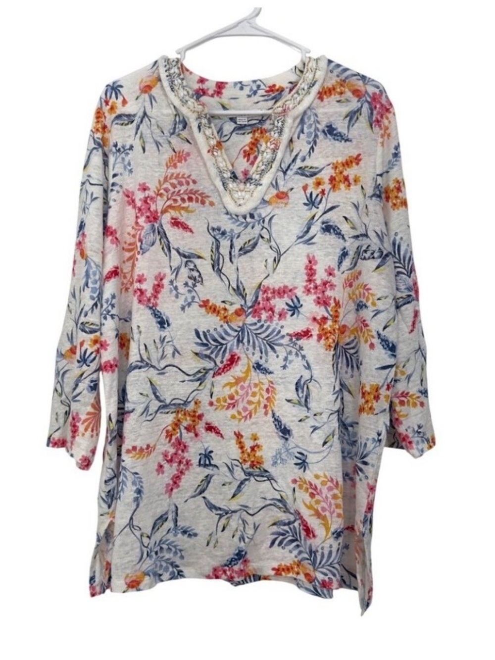 Chicos SZ 3 US XL Womens Nautical Floral Linen Tunic Top With Embellished Collar - Picture 3 of 8